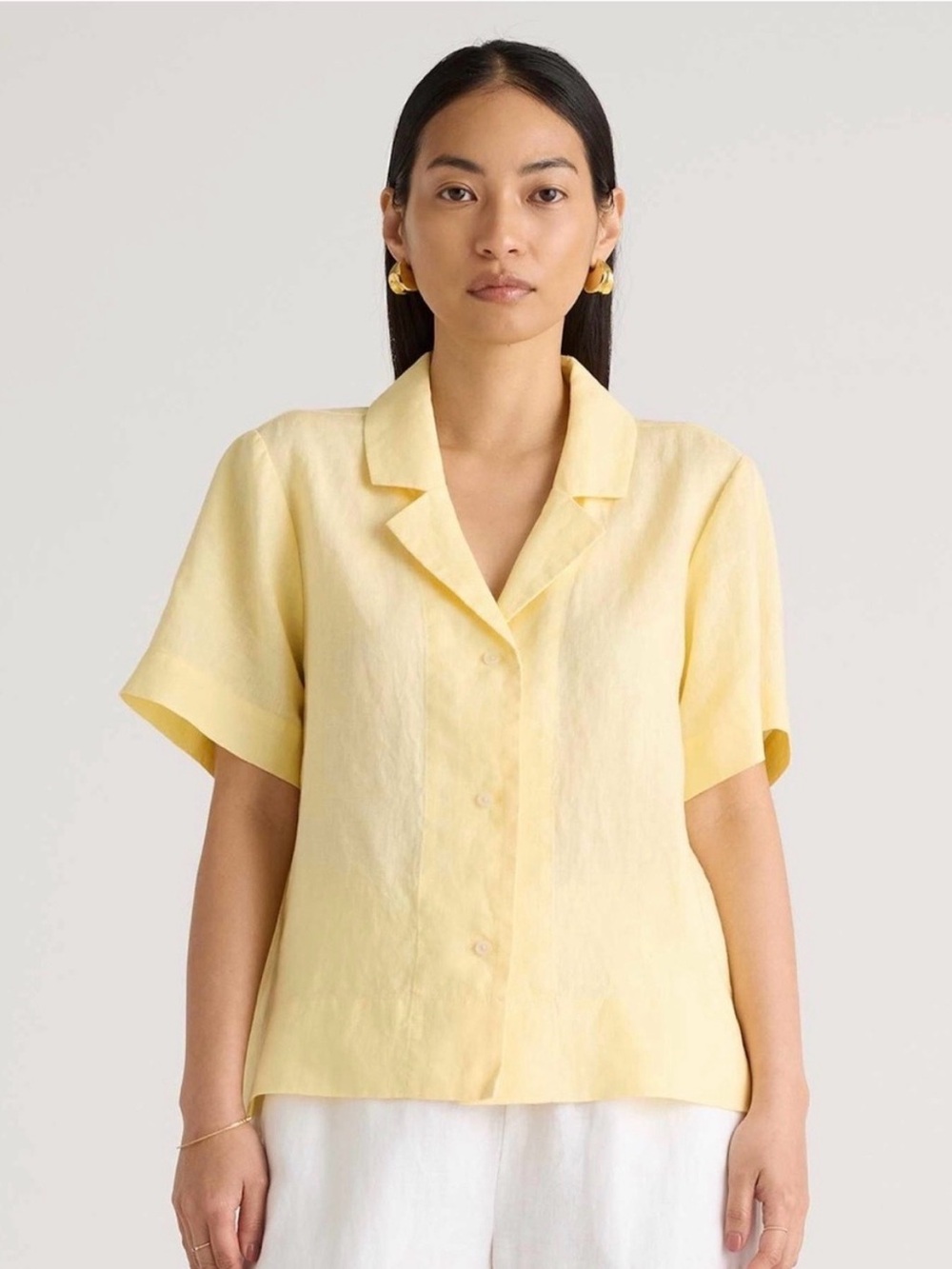 Quince Light Yellow Short-Sleeve Linen-Blend Button-Front Shirt
